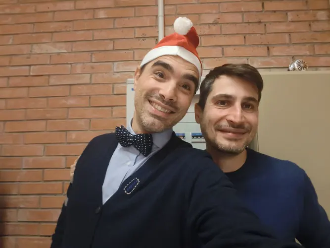 Colleagues sharing a festive lab moment